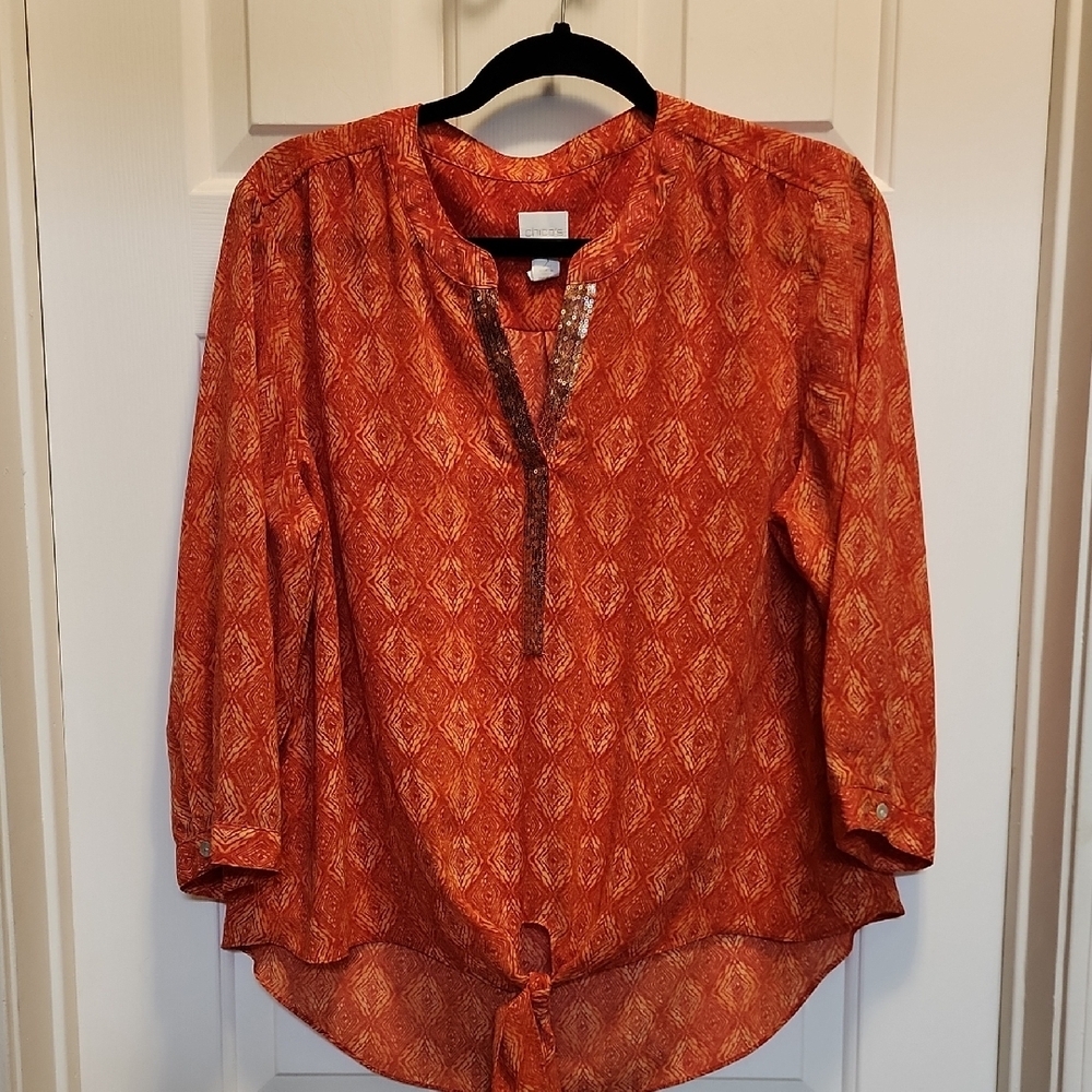 Chico's Vibrant Orange Blouse with Tie Front Sz 2 (Large)